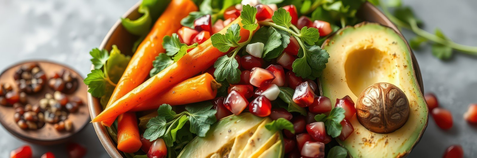 Fresh salad with carrots, avocado, pomegranate, and herbs served in a bowl on a rustic table